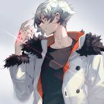  1boy absurdres bags_under_eyes bangs black_shirt closed_mouth coat command_spell ear_piercing earrings expressionless fate/grand_order fate_(series) fur_collar fur_trim gradient gradient_background hand_up highres jewelry kadoc_zemlupus kodamazon long_sleeves looking_away looking_to_the_side male_focus multiple_earrings neck_piercing open_clothes open_coat piercing shirt short_hair solo upper_body white_coat white_hair yellow_eyes 