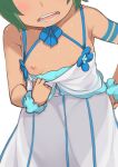  armpits blush bracelet breasts dark-skinned_female dark_skin dress green_hair head_out_of_frame highres jewelry morisobo nipples no_bra re:zero_kara_hajimeru_isekai_seikatsu typhon_(re:zero) white_dress 