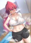  1girl bangs bare_shoulders blurry blurry_background blush breasts cleavage dumbbell heterochromia high_ponytail highres hololive houshou_marine huge_breasts long_hair looking_at_viewer navel noah12 parted_lips red_eyes red_hair solo sports_bra sportswear steaming_body sweat virtual_youtuber yellow_eyes yoga_mat 