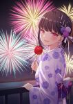  1girl :d absurdres aerial_fireworks bangs black_hair blunt_bangs braid candy_apple commentary_request fireworks floral_print flower food from_behind hair_flower hair_ornament highres holding holding_food izumo_neru japanese_clothes kimono long_sleeves looking_at_viewer looking_back night night_sky obi original outdoors pink_flower pink_rose print_kimono purple_flower purple_rose railing red_eyes rose sash sky smile solo teeth upper_teeth white_kimono wide_sleeves yukata 
