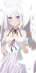  1girl absurdres angel angel_wings bangs blunt_bangs blurry blurry_background blurry_foreground blush camui1104 closed_mouth collarbone cowboy_shot dress emilia_(re:zero) falling_feathers glowing halo hands_on_own_chest highres long_hair looking_at_viewer off-shoulder_dress off_shoulder purple_eyes re:zero_kara_hajimeru_isekai_seikatsu simple_background smile solo standing white_background white_dress white_hair wings 