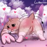  &lt;3 anus bandai_namco black_nose blush bodily_fluids brown_body brown_fur butt cloud digimon digimon_(species) female feral fur genital_fluids genitals lopmon lumineko open_mouth pink_body pink_fur presenting presenting_anus presenting_hindquarters presenting_pussy pussy pussy_juice shaking_butt solo sweat tears tongue tongue_out 