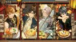  4boys :d artem_wing_(tears_of_themis) bangs blue_eyes brown_eyes brown_hair chinese_clothes chopsticks closed_mouth dumpling food glasses hand_fan highres holding holding_fan holding_tray long_hair looking_at_viewer looking_back luke_pearce_(tears_of_themis) marius_von_hagen_(tears_of_themis) multiple_boys noodles official_art open_clothes pince-nez plate ponytail purple_eyes purple_hair short_hair smile soup tears_of_themis tray vyn_richter_(tears_of_themis) white_hair yellow_eyes 