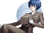  1boy bangs black_vest blue_hair brown_eyes brown_headwear brown_jacket brown_pants brown_suit carol0905 collared_shirt daniel_(project_moon) feet_out_of_frame formal gloves hand_on_own_knee hat highres holding holding_clothes holding_hat jacket lobotomy_corporation looking_at_viewer male_focus necktie pants pocket_square project_moon shirt short_hair simple_background sitting smile solo striped_necktie suit vest white_background white_gloves white_shirt 