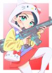  1girl animification blue_hair blush bow cosplay green_eyes gun head_tilt hello_kitty hello_kitty_(character) hello_kitty_(character)_(cosplay) highres holding holding_gun holding_weapon hood hood_up hoodie iechi licking_lips looking_at_viewer playerunknown&#039;s_battlegrounds red_bow red_skirt sara_(pubg) short_hair skirt smile solo thighhighs tongue tongue_out trigger_discipline weapon white_thighhighs yellow_hoodie 