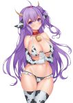  1girl absurdres ahoge alternate_breast_size animal_ears animal_print azur_lane bangs bell bikini blush bottle breasts closed_mouth collar cow_ears cow_horns cow_print cowbell elbow_gloves gloves hair_bun highres holding holding_bottle horns large_breasts long_hair milk_bottle neck_bell one_side_up pinkcap purple_eyes purple_hair red_collar simple_background smile solo swimsuit thighhighs unicorn_(azur_lane) very_long_hair white_background 