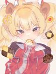  :t ahoge bangs blonde_hair blue_archive blush brown_eyes checkerboard_cookie chocolate_chip_cookie cookie eating food food_on_face hair_ribbon highres holding holding_food jacket red_jacket ribbon sk39z thumbprint_cookie track_jacket twintails yoshimi_(blue_archive) 