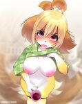  animal_crossing anthro areola big_breasts blush breasts canid canine canis clothed clothing domestic_dog female fur genitals hair hi_res isabelle_(animal_crossing) looking_at_viewer mammal nintendo nipples pussy shih_tzu solo tongue toy_dog tsampikos video_games yellow_body yellow_fur 