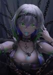  1girl arm_up bangs bare_shoulders black_collar black_nails blue_tongue blurry blurry_foreground breasts chain character_request cleavage collar collarbone colored_tongue crop_top fingernails girls&#039;_frontline girls&#039;_frontline_neural_cloud green_eyes green_nails grey_hair hairband jewelry looking_at_viewer medium_breasts medium_hair multicolored_hair multicolored_nails necklace open_mouth paint_on_clothes pink_nails pinky_ring purple_nails ring scar scar_on_face scar_on_nose solo streaked_hair thatob thumb_ring tongue tongue_out upper_body 
