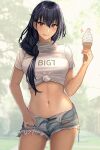  1girl alternate_hairstyle black_hair blurry blurry_background blush braid breasts brown_eyes clothes_writing cowboy_shot denim denim_shorts english_text hair_between_eyes highres holding_ice_cream ice_cream_cone kantai_collection kasumi_(skchkko) large_breasts licking_lips long_hair looking_at_viewer midriff nagato_(kancolle) navel open_clothes open_shorts shirt short_shorts short_sleeves shorts solo tied_shirt tongue tongue_out white_shirt 