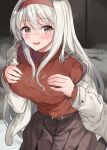  1girl artist_name black_skirt blush breasts brown_eyes hands_on_own_chest headband highres kantai_collection large_breasts long_hair long_sleeves mizuta_kenji one-hour_drawing_challenge open_mouth pleated_skirt red_headband red_sweater ribbed_sweater shoukaku_(kancolle) signature skirt solo sweater twitter_username white_hair 