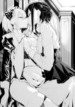  2girls apron blush bra breasts closed_eyes commentary_request front-hook_bra greyscale hand_under_clothes highres indoors kiss maid_apron maid_headdress monochrome multiple_girls original short_hair small_breasts underwear undone_bra yuri zanka_(the-only-neat) 