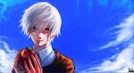  1boy absurdres apple blue_eyes blue_sky chromatic_aberration closed_mouth cloud film_grain food fruit grey_pupils hair_between_eyes heterochromia highres holding holding_food holding_fruit kaneki_ken looking_at_viewer male_focus outdoors red_eyes signature sky smile solo tokishima_sikuka tokyo_ghoul tokyo_ghoul:re upper_body white_hair 