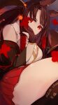  1girl akagi_(azur_lane) animal_ears azur_lane bare_shoulders breasts brown_hair cleavage commentary covered_mouth fox_ears fox_girl fox_tail gloves japanese_clothes kimono long_hair looking_at_viewer off_shoulder partially_fingerless_gloves pleated_skirt red_eyes red_skirt shika_(shika0) skirt solo tail thighs 