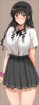  1girl amagami black_hairband black_ribbon black_skirt blue_eyes blush collared_shirt cowboy_shot grey_background hairband highres kibito_high_school_uniform long_hair looking_at_viewer mobu morishima_haruka neck_ribbon nose_blush pink_scrunchie pleated_skirt ribbon school_uniform scrunchie shirt short_sleeves sidelocks simple_background skirt solo white_shirt wrist_scrunchie 