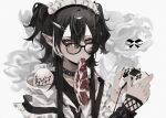  1boy absurdres artist_name bishounen black_hair blush choker fangs food_in_mouth glasses half_updo highres long_sleeves looking_at_viewer maid maid_headdress male_focus multicolored_hair original otoko_no_ko playstation_controller pointy_ears raw_meat red_eyes ribbon_akai short_hair_with_long_locks solo tattoo twintails white_hair 