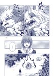  aira_kokonatsu anthro blue_and_white canid canine clothed clothing comic crouching demon edit english_text fangs female gen_kiryu hard_translated hi_res horn human male mammal monochrome popwitter_ox senri_ooedo standing standing_on_another text transformation transformation_sequence translated 