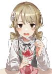  1girl bangs black_bow black_bowtie blonde_hair bow bowtie brown_eyes collared_shirt cup drill_hair food frilled_shirt_collar frills fruit green_vest hair_ornament haruyuki_(gffewuoutgblubh) holding holding_cup holding_spoon ice_cream idolmaster idolmaster_cinderella_girls idolmaster_cinderella_girls_starlight_stage light_frown long_sleeves looking_at_viewer medium_hair morikubo_nono open_mouth shirt simple_background sitting sketch solo spoon strawberry sundae table vest white_background white_shirt 