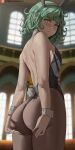  1girl animal_ears ass ass_support bare_back bare_shoulders black_leotard blurry blurry_background blush breasts closed_mouth commentary cowboy_shot fake_animal_ears flipped_hair from_behind from_side green_eyes green_hair highleg highleg_leotard highres indoors leotard looking_at_viewer nose_blush one-punch_man pantyhose patreon_logo patreon_username playboy_bunny rabbit_ears rabbit_tail shexyo short_hair shoulder_blades solo strapless strapless_leotard tail tatsumaki thick_thighs thighs watermark web_address window wrist_cuffs 