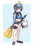  blue_archive blue_eyes bodysuit book border diving_mask diving_mask_on_head diving_regulator diving_suit flippers goggles goggles_on_head halo highres looking_at_viewer navel oxygen_tank purple_hair saki_(blue_archive) scuba scuba_gear scuba_tank short_hair snorkel sorakuu wetsuit 