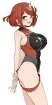  1girl bangs black_one-piece_swimsuit breasts chest_jewel competition_swimsuit covered_collarbone gem headpiece highres large_breasts one-piece_swimsuit pyra_(pro_swimmer)_(xenoblade) pyra_(xenoblade) red_eyes red_hair red_one-piece_swimsuit ribbed_swimsuit salmongrapefish short_hair solo strapless strapless_swimsuit striped striped_one-piece_swimsuit swept_bangs swimsuit tiara two-tone_swimsuit vertical-striped_swimsuit vertical_stripes xenoblade_chronicles_(series) xenoblade_chronicles_2 