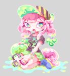  1girl baseball_cap black_shirt blue_footwear bracelet breasts bright_pupils colored_eyelashes drooling full_body green_eyes green_hair green_skirt grey_background harmony_(splatoon) hat headphones holding holding_headphones ioh jellyfish_(splatoon) jewelry long_hair medium_breasts miniskirt multicolored_clothes multicolored_hair multicolored_headwear no_eyebrows no_nose pink_hair shirt shoes short_sleeves simple_background sitting skirt splatoon_(series) striped striped_headwear tentacle_hair two-tone_hair wariza white_pupils 