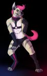  4_fingers 4_toes anthro black_background claws clothed clothing cubi feet finger_fetish finger_lick finger_play fingers hair harness hi_res legwear licking looking_at_viewer male multicolored_body open_mouth partially_clothed pink_eyes pink_hair pink_tail self_lick simple_background solo species_request standing striped_legs tagme teeth toes tongue tongue_out underwear 