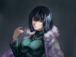  1girl absurdres bangs black_hair blue_eyes breasts coat coat_on_shoulders fubuki_(one-punch_man) fur-trimmed_coat fur_trim green_sweater grey_background hair_between_eyes highres large_breasts long_hair long_sleeves looking_at_viewer one-punch_man parted_lips solo straight_hair sweater turtleneck turtleneck_sweater upper_body white_coat you_(szjp2473) 