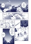  aira_kokonatsu anthro bandaged_hand blue_and_white clothed clothing comic edit english_text eyes_closed female gen_kiryu hard_translated hi_res human laying_on_ground male mammal monochrome outside pants_only partially_clothed popwitter_ox senri_ooedo sitting_on_ground standing text translated 