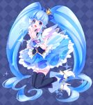  absurdres argyle argyle_background black_thighhighs blue_background blue_eyes blue_hair blue_skirt blue_theme boots brooch crown cure_princess frills full_body hair_bun happinesscharge_precure! heart_hair_bun high_heels highres jewelry kisumi_rei long_hair looking_at_viewer magical_girl mini_crown open_mouth precure short_sleeves skirt smile sparkle thighhighs twintails very_long_hair vest white_footwear wing_brooch wing_earrings wings 