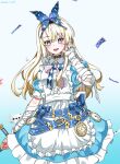  1girl absurdres alice_(grimlight) anastry_00 apron arm_up artist_name bandaged_arm bandages bandaid bandaid_on_hand bangs belt blonde_hair blue_background blue_belt blue_bow blue_bowtie blue_choker blue_dress blue_eyes blue_hairband blush bow bowtie breasts butterfly_hair_ornament butterfly_wings buttons card choker clock collared_dress dress fang fangs frills gradient gradient_background grey_bow grey_bowtie grimlight hair_between_eyes hair_ornament hairband hand_up heart heart_in_eye highres holding holding_weapon long_hair looking_at_viewer medium_breasts multicolored_bow multicolored_bowtie multicolored_eyes open_mouth pinafore_dress pink_bow pink_bowtie playing_card pointing puffy_short_sleeves puffy_sleeves purple_eyes short_sleeves smile solo standing striped striped_bow striped_bowtie sword symbol_in_eye teeth tongue weapon white_apron white_background white_bow wings 