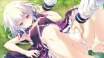  1girl armpits bangs bare_arms bare_legs barefoot black_skirt blush braid breasts clenched_teeth clothes_lift frilled_skirt frills game_cg hair_between_eyes holding_another&#039;s_wrist iris_krug long_hair lying midriff mizunezumi on_back on_grass outdoors panties pink_ribbon re;lord_dai_san_shou red_eyes ribbon skirt skirt_lift small_breasts soles solo_focus stomach tears teeth underwear white_hair white_panties 