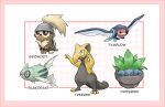  :d black_eyes border character_name closed_mouth commentary drowzee dwebble framed frown fusion growlithe kazuko_(towa) looking_up no_humans oddish open_mouth outline pink_border pokemon pokemon_(creature) red_eyes remoraid seedot slakoth smile taillow treecko tympole 