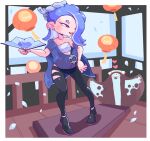  1boy 1girl big_man_(splatoon) black_pants black_socks blue_hair border chest_sarashi earrings flat_chest folding_fan hachimaki hair_over_one_eye hand_fan hand_on_hip headband heart hokkamuri holding holding_fan ioh jewelry lantern legs_apart long_hair lowleg lowleg_pants manta_ray multiple_earrings navel nejiri_hachimaki octarian open_mouth pants paper_lantern petals pigeon-toed poncho red_eyes red_footwear sarashi see-through shadow shiver_(splatoon) smile socks splatoon_(series) splatoon_3 stage standing teeth tentacle_hair white_border 