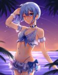  1girl ;) absurdres arm_strap arm_up bangs bikini black_choker blue_bow blue_eyes blue_hair bow bracelet breasts choker cleavage closed_mouth collarbone cowboy_shot dusk floating_hair hair_between_eyes hair_ornament heart_bikini highleg highleg_bikini highres hololive hoshimachi_suisei jewelry layered_bikini long_hair medium_breasts navel ocean one_eye_closed outdoors phoebe_(pixiv_55159801) shiny shiny_skin side_ponytail small_breasts smile solo standing swimsuit virtual_youtuber white_bikini 