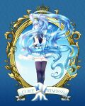  1girl ass back black_thighhighs black_vest blue_background blue_eyes blue_hair blue_skirt blue_sky boots character_name cloud cloudy_sky crown cure_princess full_body happinesscharge_precure! heraldry highres long_hair looking_back magical_girl maruco3 mini_crown mirror precure shirayuki_hime skirt sky solo thighhighs twintails very_long_hair vest white_footwear 