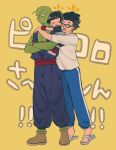 1girl 2boys ^_^ ^o^ antennae bald black_hair blue_pants blush_stickers child closed_eyes colored_skin dougi dragon_ball dragon_ball_super dragon_ball_super_super_hero father_and_daughter female_child full_body glasses green_skin happy highres hug j_ooey multiple_boys open_mouth pan_(dragon_ball) pants piccolo red_sash sandals sash shirt simple_background smile son_gohan spiked_hair standing sweatdrop white_shirt yellow_background 