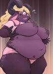  absurd_res anthro areola belly big_belly big_breasts big_butt blonde_hair bodily_fluids bovid breasts butt caprine clothing curved_horn female floppy_ears fur hair hi_res horn long_ears looking_at_self love_handles mammal navel nipples open_mouth overweight panties pink_clothing pink_panties pink_underwear portrait purple_areola purple_body purple_eyes purple_fur purple_nipples shard_(artist) sheep shirt simple_background solo spots surprise sweat sweatdrop t-shirt thick_thighs three-quarter_portrait tight_clothing topwear underwear wide_hips 