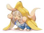  4_fingers ambiguous_gender anthro banana_peel bananachi blessed_narehate blue_bottomwear blue_clothing blue_pants bottomwear clothing colored fingers fur hi_res lagomorph leporid made_in_abyss mammal nanachi narehate onerumaster pants rabbit shaded simple_background solo tan_body tan_fur white_background yellow_eyes 