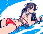  1girl absurdres ass bikini black_hair blush breasts butt_crack commission from_side hair_behind_ear highres holding holding_hair long_hair looking_at_viewer lying medium_breasts on_stomach original parted_lips red_bikini rolan-ce skeb_commission smile solo swimsuit water wet 