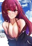  021_shiro 1girl absurdres bikini blush breasts bright_pupils cleavage closed_mouth collarbone earrings hair_down heart heart_earrings heart_necklace highres hololive houshou_marine jewelry large_breasts long_hair looking_at_viewer necklace red_bikini red_eyes red_hair smile swimsuit virtual_youtuber white_pupils yellow_eyes 