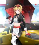  1girl bangs blonde_hair booth_babe breasts cleavage confetti eyewear_on_head gloves ground_vehicle highres hololive hololive_indonesia jacket kaela_kovalskia medium_hair mitsumine_(ookami_no_oyashiro) motor_vehicle navel parasol race_queen red-tinted_eyewear red_eyes smile solo sunglasses thighhighs tinted_eyewear umbrella virtual_youtuber 