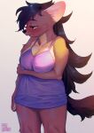  2018 absurd_res anthro aruurara big_breasts black_hair black_nose black_tail blue_eyes blush breasts canid canine chemise cleavage clothed clothing embarrassed female fur grey_body grey_fur hair hi_res holding_arm kemono lingerie long_hair looking_away mammal melissa_(aruurara) orange_light slightly_chubby solo thick_thighs 