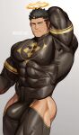  1boy absurdres arm_behind_head artist_name bara black_bodysuit black_hair bodysuit bulge closed_mouth covered_abs covered_navel covered_nipples facial_hair flaming_halo grey_background halo highres large_pectorals male_focus muscular muscular_male pectorals ruisselait short_hair simple_background solo spiked_hair thick_thighs thighs tokyo_afterschool_summoners yellow_eyes zabaniyya_(housamo) 