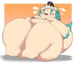  2022 agyou anthro asian_mythology belly big_belly big_butt blush butt clothing east_asian_mythology foo_dog hat headgear headwear hi_res japanese_mythology kemono komainu kusosensei lifewonders male mammal moobs mythology nipples overweight overweight_male sitting solo tokyo_afterschool_summoners video_games yokai 