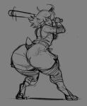  anthro barefoot baseball_bat baseball_uniform bat_(object) big_butt butt clothing dragon elbow_pads feet hair holding_bat horn kaidzsu looking_back male rear_view rosse_(kaidzsu) sharp_teeth short_tail sketch solo sportswear teeth uniform 