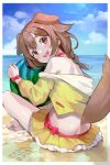  1girl absurdres animal_ears ass bare_shoulders barefoot bikini_skirt blue_sky blush bracelet braid brown_eyes brown_hair butt_crack character_name cloud crossed_legs dog_ears dog_girl dog_tail fangs food frilled_skirt frills from_behind fruit hair_between_eyes highres holding holding_food holding_fruit hololive hood hoodie inugami_korone jacket jewelry long_hair looking_at_viewer looking_back ocean off_shoulder open_mouth sand sand_writing sidelocks sitting skirt sky smile soles tail water watermelon yellow_jacket yellow_skirt yoshikawa_hiro 