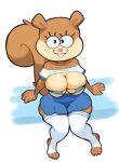 2022 absurd_res anthro big_breasts blue_bottomwear blue_clothing blue_skirt bottomwear breast_squish breasts brown_body brown_fur buckteeth clothed clothing female front_view full-length_portrait fur happy hi_res high-angle_view looking_at_viewer mammal nickelodeon portrait raised_clothing raised_shirt raised_topwear rodent sandy_cheeks sciurid shirt sitting skirt smile solo somescrub spongebob_squarepants squish teeth toony topwear tree_squirrel 