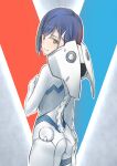  1girl ass bangs blue_background blue_hair bob_cut bodysuit closed_mouth commentary cowboy_shot darling_in_the_franxx from_behind green_eyes hair_ornament hairclip hand_on_own_chest ichigo_(darling_in_the_franxx) light_blush looking_at_viewer looking_back pilot_suit red_background renzu_(lens_02) short_hair skin_tight solo standing swept_bangs wavy_mouth white_background white_bodysuit worried 
