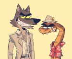 anthro brown_body brown_fur canid canine canis clothing dreamworks duo eyebrows fangs floral_print fur grin hat headgear headwear hi_res male mammal mr._snake_(the_bad_guys) mr._wolf_(the_bad_guys) reptile scalie shirt simple_background smile snake stellizard suit teeth the_bad_guys topwear wolf 